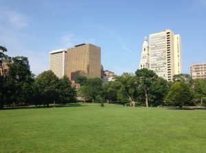 View of the eastern portion of Bushnell Park, 2015. The Travelers Tower appears in all of the photos. The buildings on the left side of the 1930s photos remain, mostly blocked from view in this photo by the Gold Building.